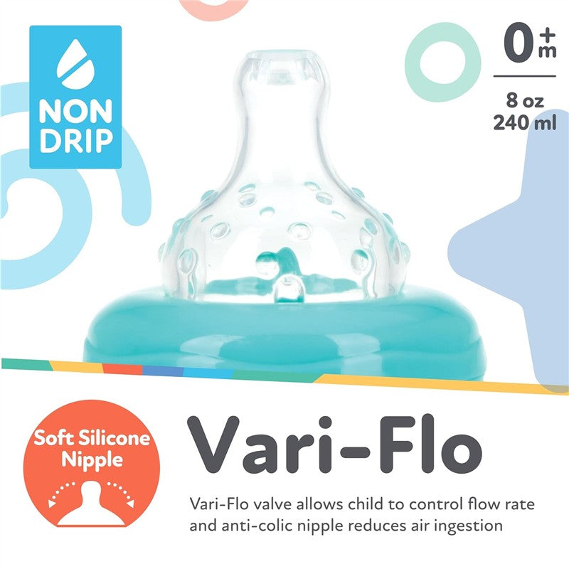 Nuby Wide Neck Non-Drip Bottle, 8 oz, featuring a soft silicone nipple and Vari-Flo valve for adjustable flow rate.