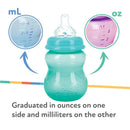 Nuby Wide Neck Non-Drip Bottle, 8 oz, in girl colors, featuring measurement markings in ounces and milliliters on the sides.