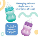 Nuby Wide Neck Non-Drip Bottles in girl colors, featuring a teal and a purple bottle with text highlighting teething benefits and drip prevention.