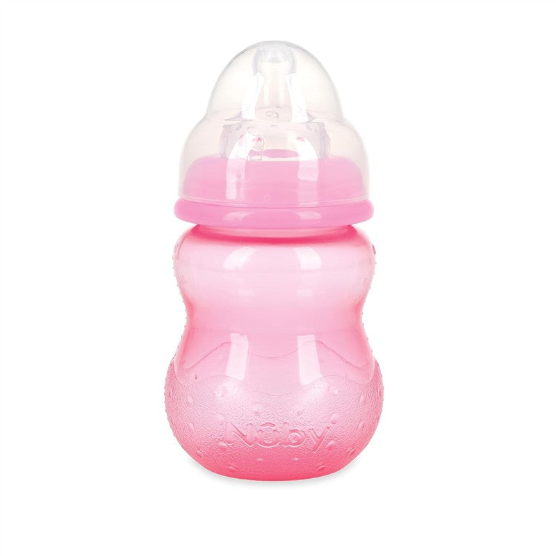Nuby Wide Neck Non-Drip Bottle, 8 oz, pink, featuring a soft, squeezable design with a plastic nipple.