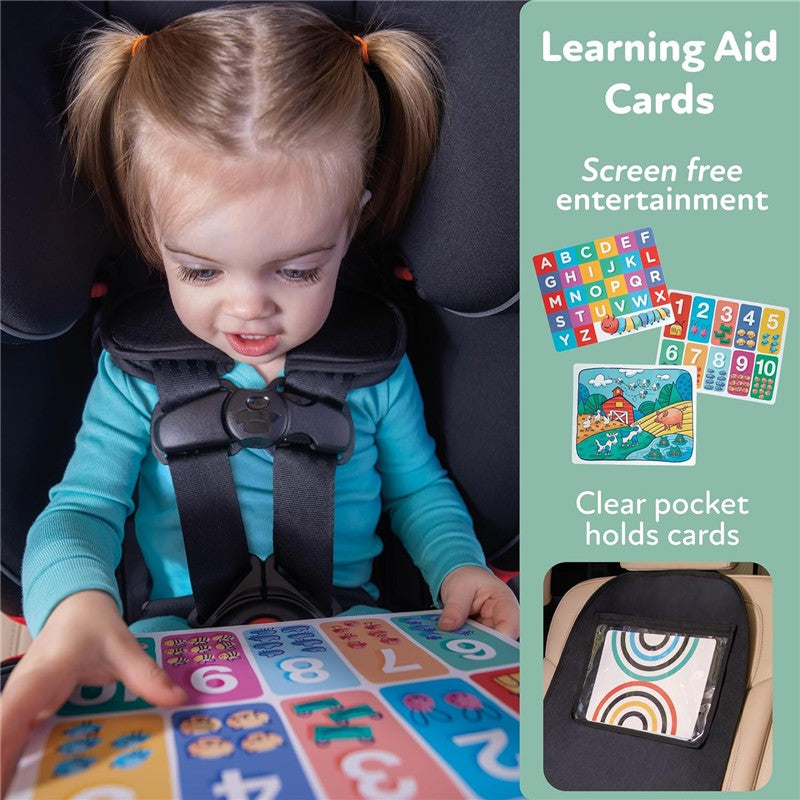 Toddler in a car seat engaging with colorful learning aid cards, featuring letters and numbers, promoting screen-free entertainment.