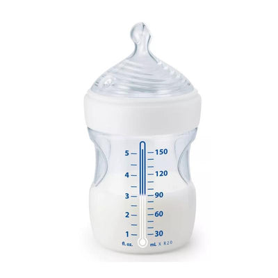 Clear 5 oz Nuk Simply Natural baby bottle with slow flow nipple, featuring measurement markings in ounces and milliliters.