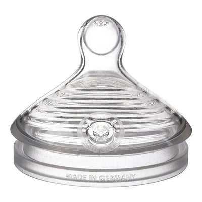 NUK Simply Natural medium flow baby bottle nipple, clear with ridged texture and anti-colic design, made in Germany.