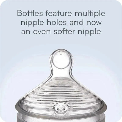 NUK Simply Natural glass baby bottle cap showing multiple nipple holes and a softer nipple design.