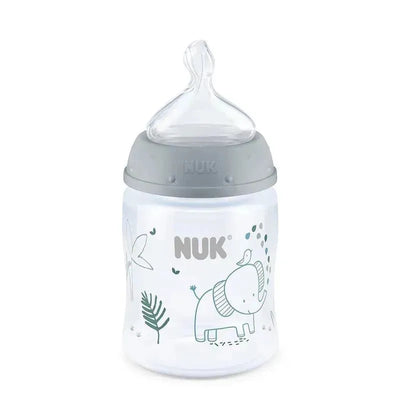 5oz Nuk Smooth Flow Anti-Colic Baby Bottle featuring a cute elephant design and a transparent body with a grey cap.