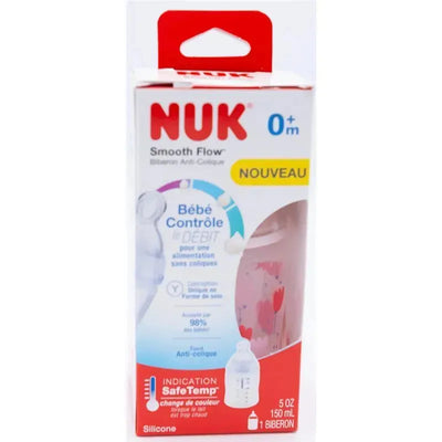 NUK 5oz Smooth Flow Anti-Colic Bottle in transparent pink packaging, features SafeTemp indication for temperature control.