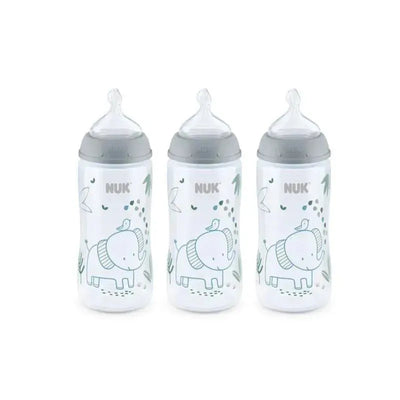 Smooth Flow Anti-Colic Bottle by Nuk for baby boys, featuring a playful elephant design with three bottles in total.