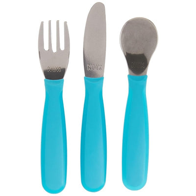 Set of three NUK Kiddy Cutlery utensils: fork, knife, and spoon, with blue handles, designed for children 18 months and older.