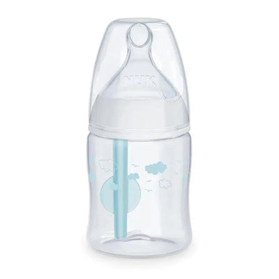 Nuk Smooth Flow Pro Anti-Colic Baby Bottle, 5oz, featuring a clear design with a blue straw and cloud graphics.