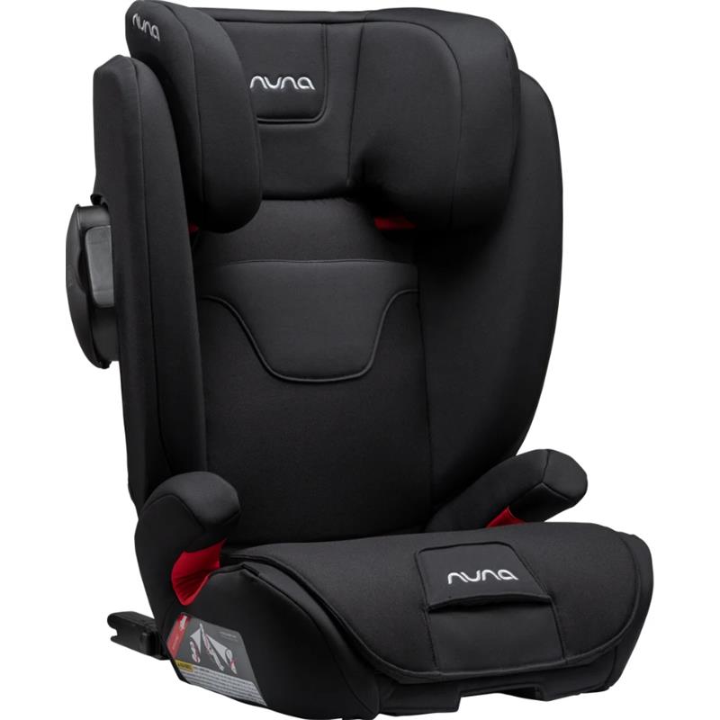 Black Nuna child car seat with red accents, padded headrest, and side impact protection for safe travel.