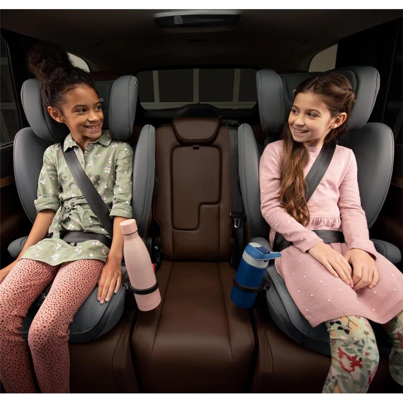Two girls smiling in car seats with water bottles, safe travel for kids