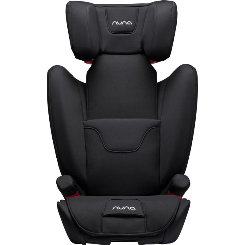 Nuna child car seat with black upholstery and red accents, designed for toddler safety and comfort