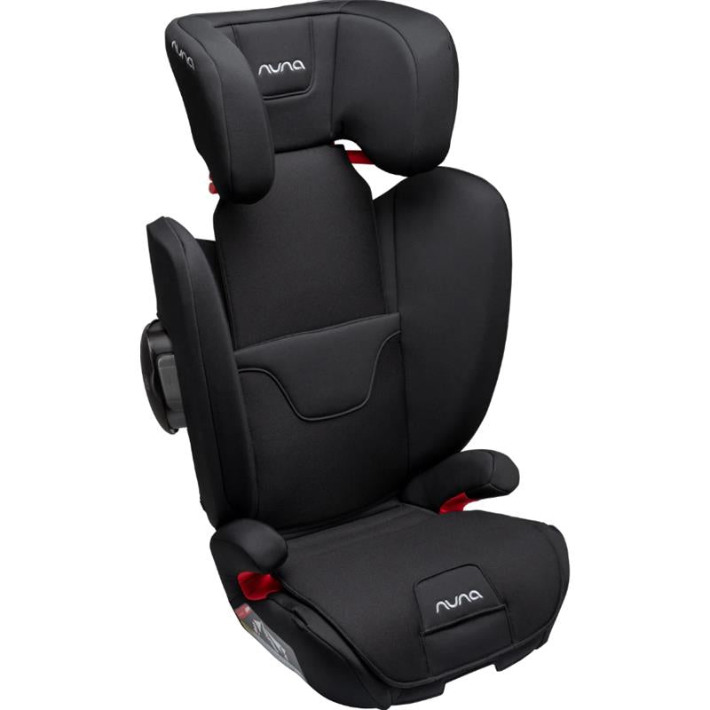 Nuna child car seat with adjustable headrest and side impact protection, black design with red accents