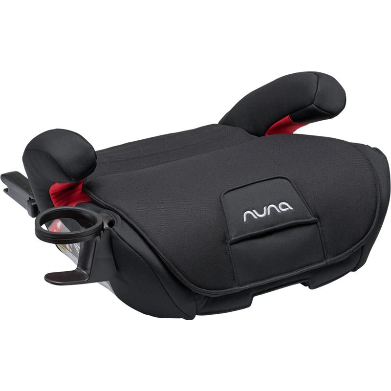 Nuna child car seat booster with cup holder, black with red accents
