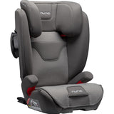 Nuna AACE Booster Seat in Granite color, featuring padded sides, a comfortable seat, and adjustable headrest.