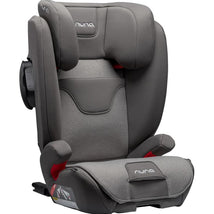 Nuna brand gray car seat with red accents, designed for child safety and comfort.