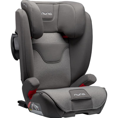 Nuna AACE Booster Seat in Granite color, featuring padded sides, a comfortable seat, and adjustable headrest.