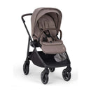 Nuna BMW Swivel Stroller in Umber, featuring a luxurious fabric seat, adjustable canopy, and large storage basket.