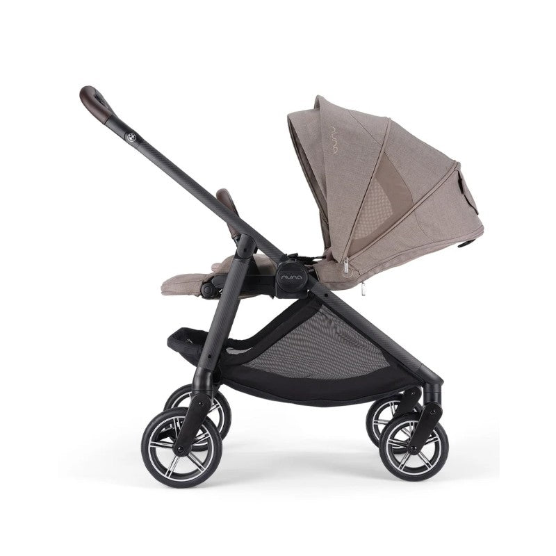 Nuna BMW swivel stroller in Umber with a soft fabric seat, adjustable canopy, and sleek black frame.