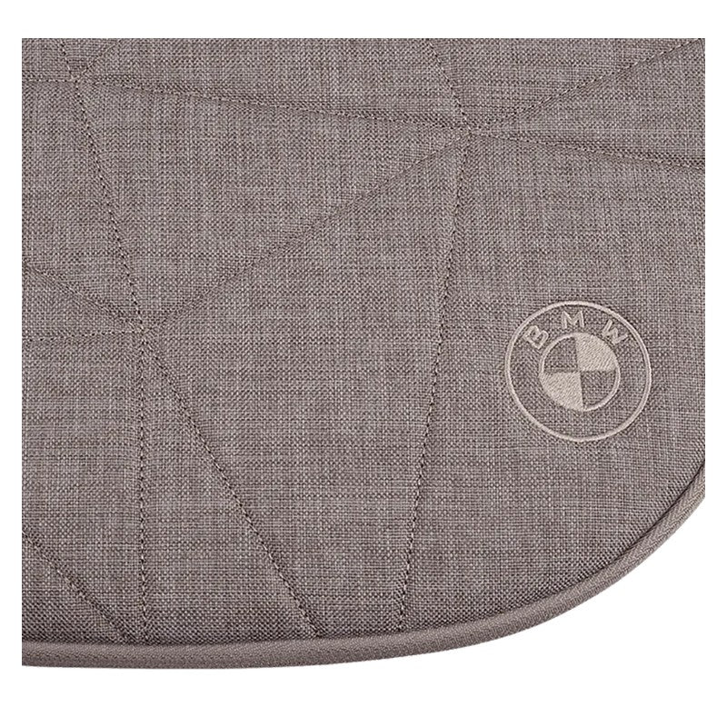 Gray textured fabric with a BMW logo, likely part of a stroller bundle, showcasing a modern design.