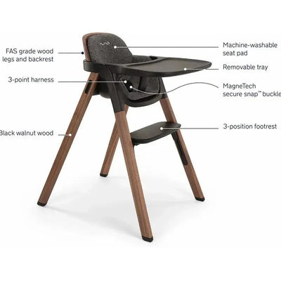 Nuna BRYN High Chair in Sanderson, featuring FAS grade wood, machine-washable seat, removable tray, and a 3-point harness.