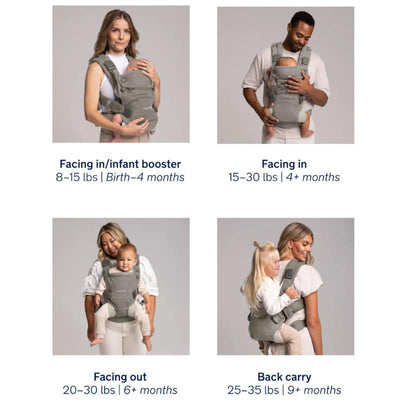 Nuna CUDL™ clik Baby Carrier in Fog, showcasing four carrying positions with adults and children at different ages.