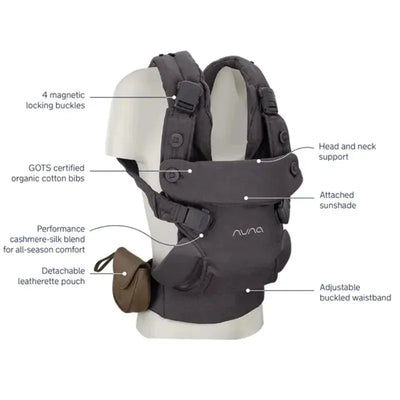 Nuna CUDL™ luxe Baby Carrier in Dusk, featuring magnetic buckles, head support, detachable pouch, and sunshade.