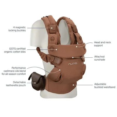 Nuna CUDL™ luxe baby carrier in Sienna color featuring adjustable waistband, head support, and detachable pouch.