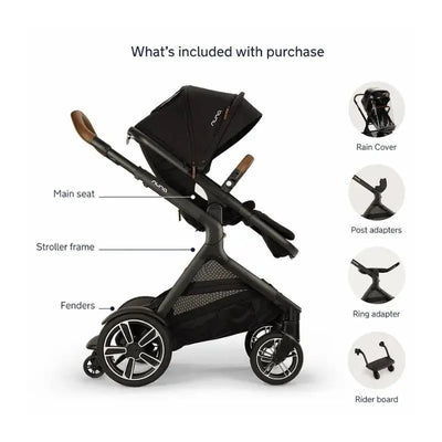 Nuna DEMI Next Stroller in Caviar color, featuring main seat, stroller frame, fenders, and included rain cover, post and ring adapters, and rider board.