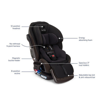 Nuna EXEC™ All-in-One Car Seat in Midnight with features: 12-position headrest, 5-point harness, magnetic buckle holder, and adjustable leg rest.