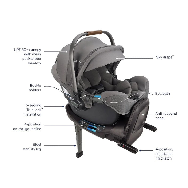 Granite Nuna Flex System Frame with Pipa Rx Travel System featuring a UPF 50+ canopy, buckle holders, and 5-second True lock installation details.