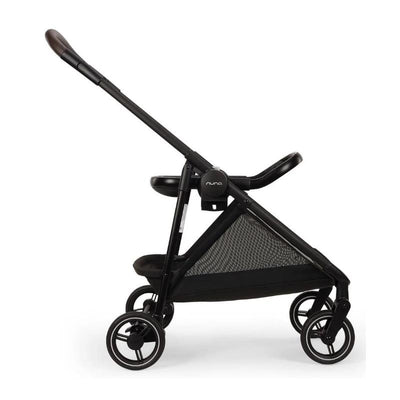 Nuna Flex System Frame in Caviar with PIPA™ Series Adapter, showcasing a sleek black design and mesh storage.