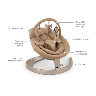 Nuna LEAF™ grow Baby Seat & Rocker in Teddy color with removable toy bar, 3-point harness, and side-to-side motion features.