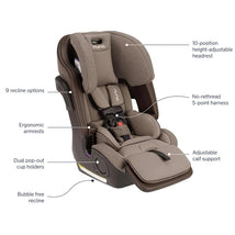 Nuna car seat with 10-position headrest, 5-point harness, adjustable calf support, and dual cup holders