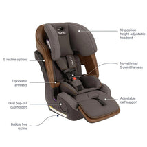 Nuna car seat with 10-position headrest, 5-point harness, adjustable calf support, and dual cup holders