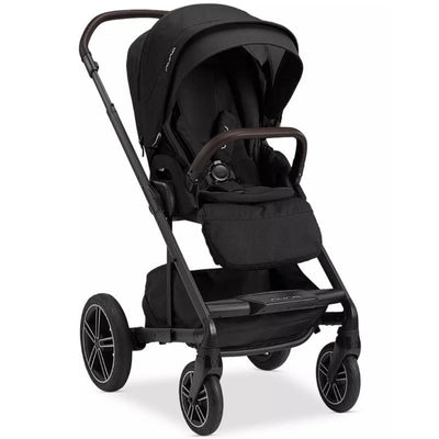 Nuna MIXX Next stroller in Caviar/Chocolate with a magnetic buckle, featuring a sleek black design and large wheels.