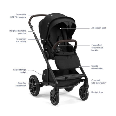Nuna MIXX Next Stroller in Caviar/Chocolate with magnetic buckle, adjustable pushbar, extendable canopy, and large storage basket.