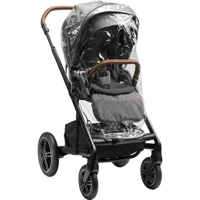Nuna MIXX™ Series Rain Cover on a stroller, featuring clear plastic protection and a cozy gray seat.