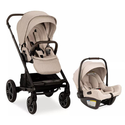 Nuna MIXX™ next stroller in Biscotti color paired with PIPA™ aire rx infant car seat, showcasing modern design and safety features.