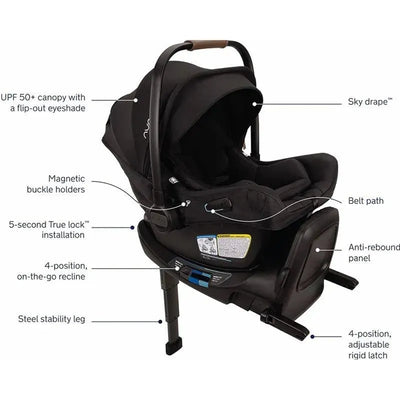 Nuna PIPA™ aire rx Infant Car Seat in Granite with a UPF 50+ canopy, magnetic buckle holders, and 5-second True lock™ installation.