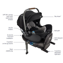 Black infant car seat with UPF 50+ canopy, 4-position recline, steel stability leg, and anti-rebound panel