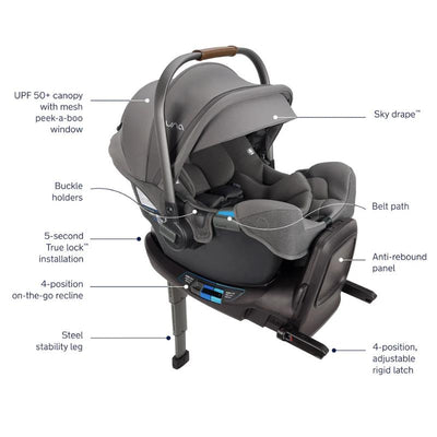 Nuna PIPA™ rx infant car seat in Granite with a UPF 50+ canopy, safety features, and RELX base for secure installation.