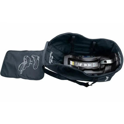 Nuna Pipa Series Travel Bag, featuring a spacious interior with a car seat secured inside and instruction graphics on the side.