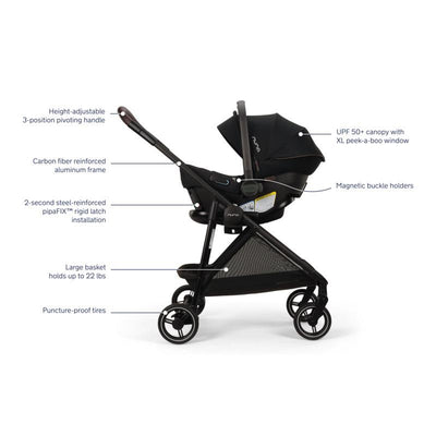Nuna PIPA™ urbn Flex System™ in Caviar with key features labeled, including adjustable handle, UPF 50+ canopy, and puncture-proof tires.