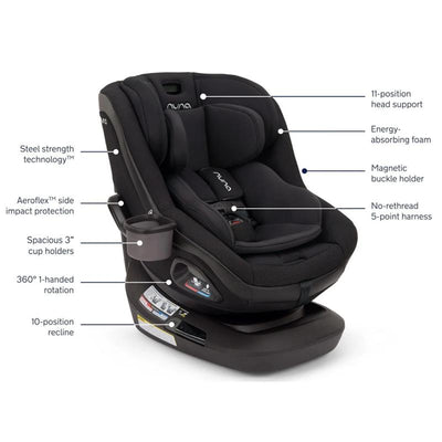 Nuna REVV™ maxx Rotating Convertible Car Seat in Caviar with features like 360° rotation, 10-position recline, and steel strength technology.