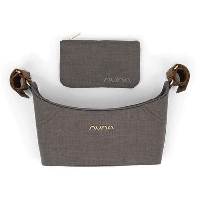 Nuna Stroller Organizer in granite with a matching zippered pouch, featuring a textured fabric and gold logo.