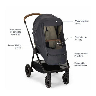 Wind cover for Nuna stroller in indigo, featuring water-repellent fabric, clear window, side ventilation panels, and expandable footrest.