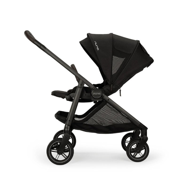 Nuna Swiv + Pipa Aire Rx Travel System in Caviar/Chocolate, featuring a sleek black stroller with a protective canopy and mesh details.