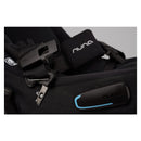 Detail of Nuna Swiv + Pipa Aire Rx travel system in Caviar/Chocolate, showing black harness and adjustable buckle.