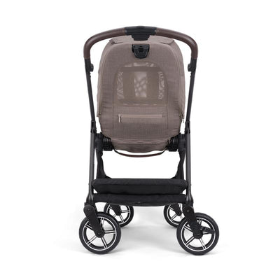 Nuna x BMW SWIV™ Stroller in Umber color, featuring a sleek design with a mesh backrest and spacious storage.